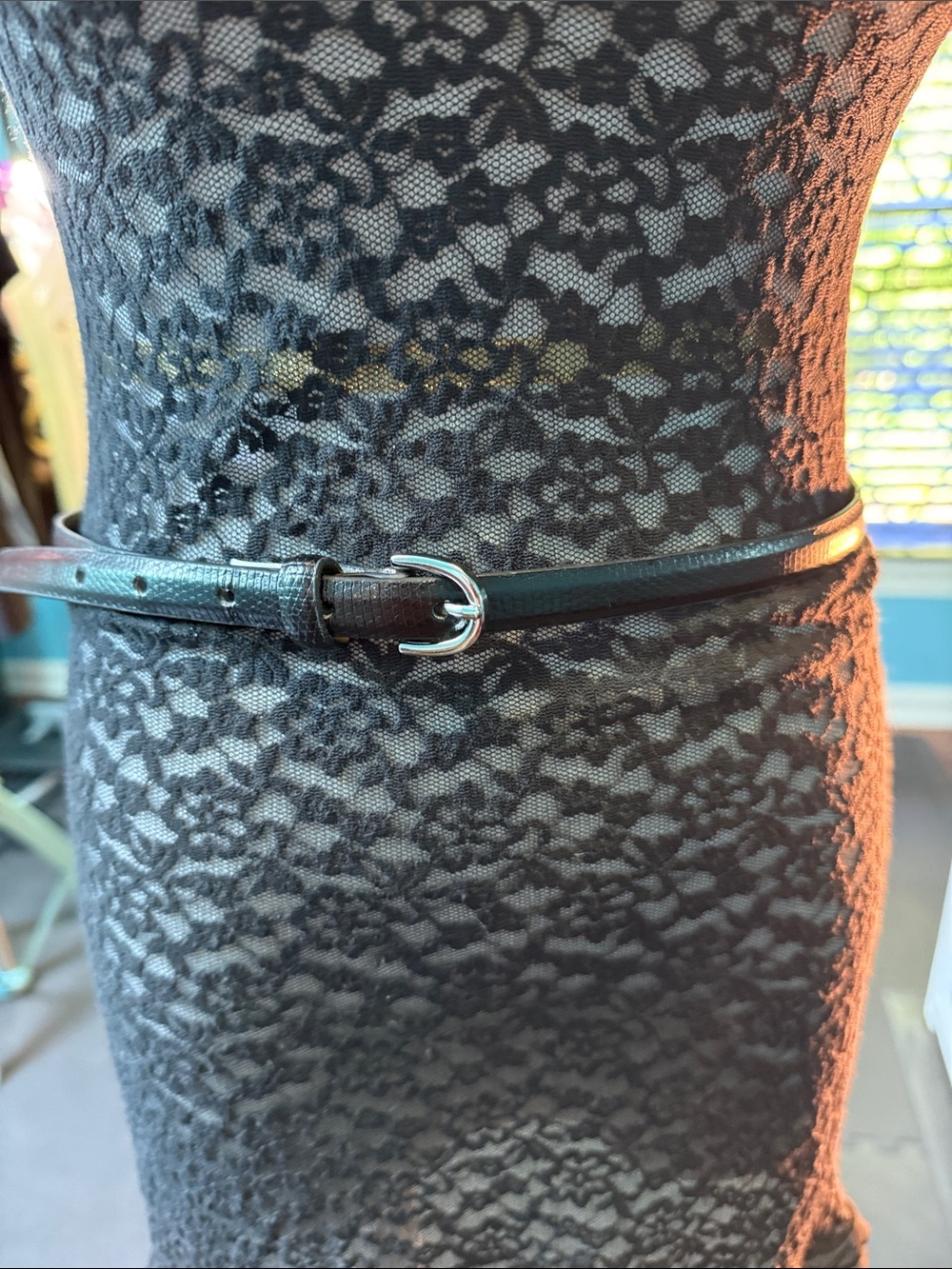 White House Black Market Black Thin Leather Waist Belt with Silver Buckle